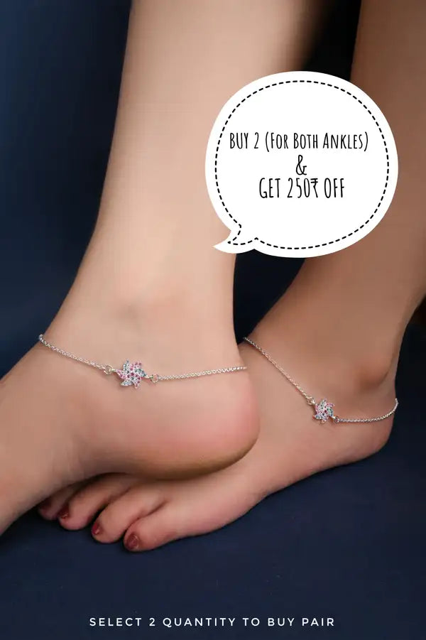 Dual Bloom 925 Silver Single Anklet for Girls